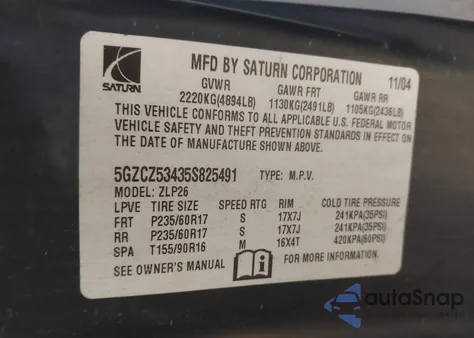 2005 Saturn Vue V6 z USA, uszkodzony, nr VIN 5GZCZ53435S825491